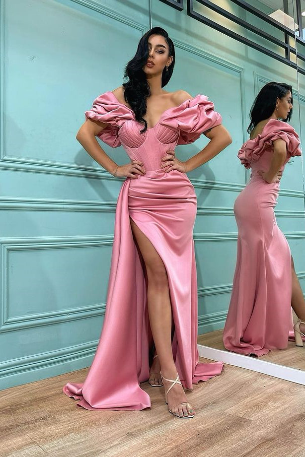 Off-the-Shoulder Pink Split Prom Dress Mermaid