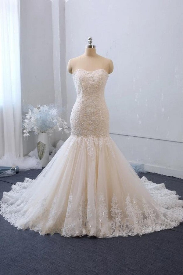 Bmbride Elegant Sweetheart Backless Appliques Lace Tulle Long Mermaid Wedding Gown