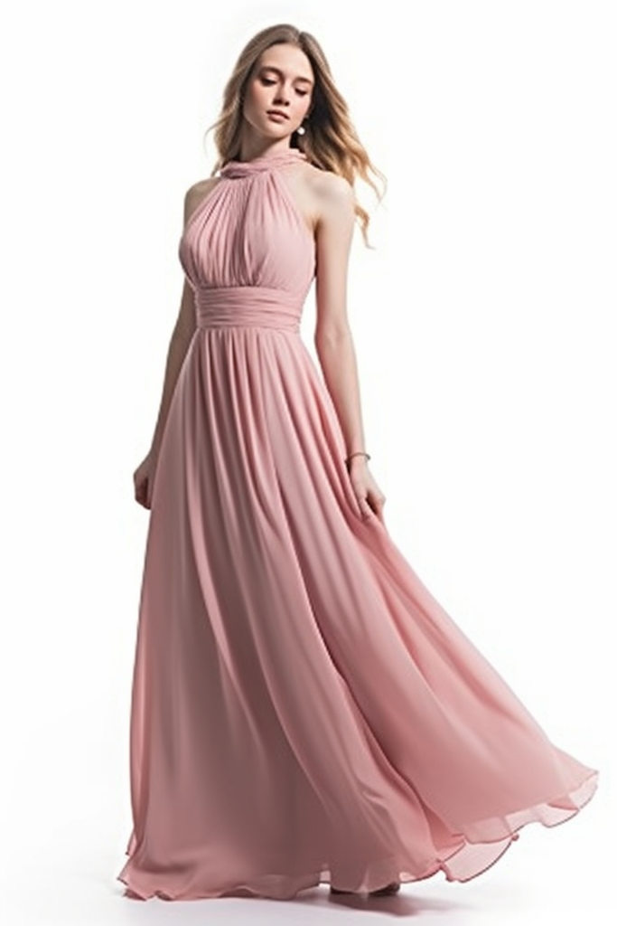 Purple Halter Chiffon Prom Dress with Sleeveless and Long Pleated design