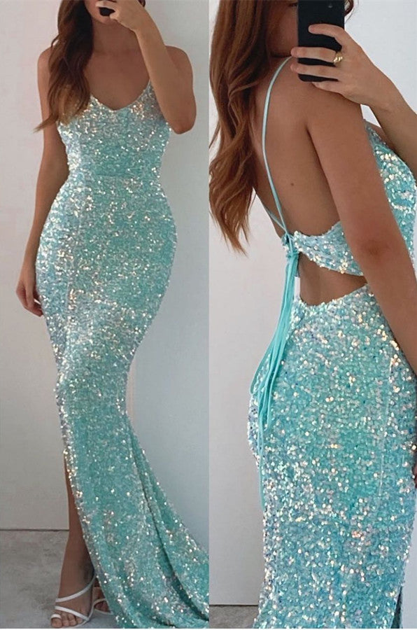 Sequined Spaghetti-Straps V-Neck Long Mermaid Prom Dress with Split