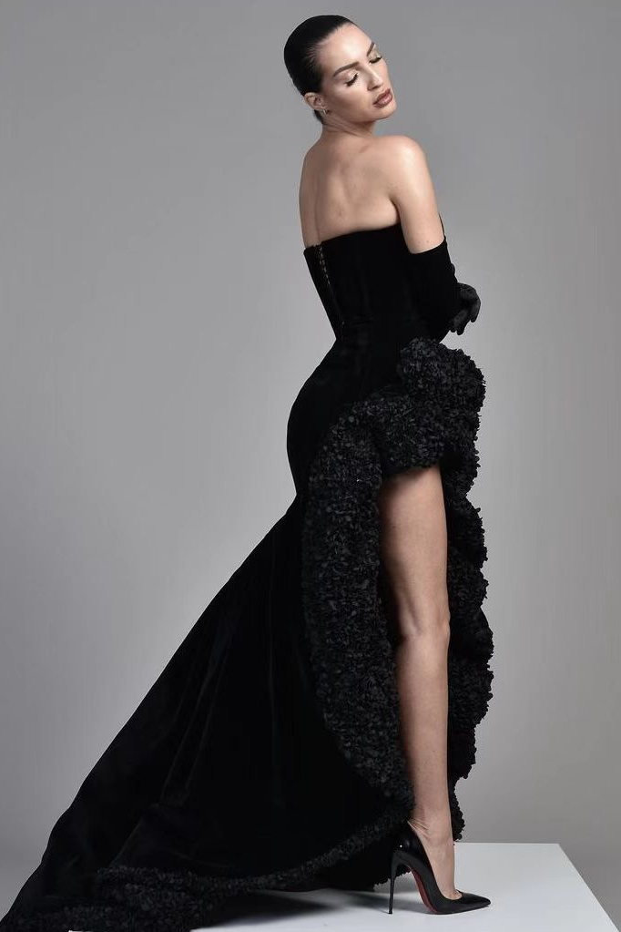 Black Velvet Evening Dress with Half Sleeves Off-the-Shoulder Design and High Slit