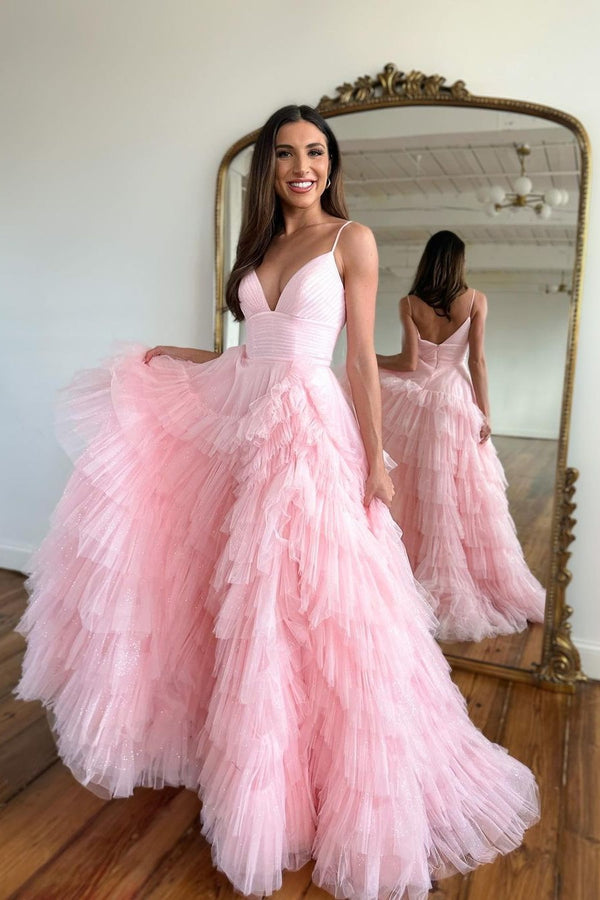 Sleeveless Spaghetti Strap Tulle Pink Mermaid Prom Dress