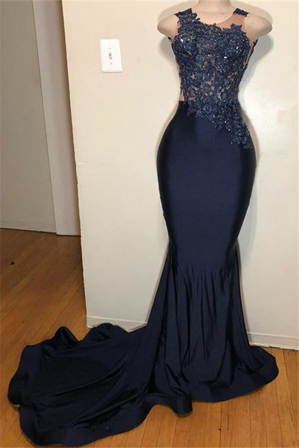 Sleeveless Dark Blue Appliques Mermaid Prom Dress