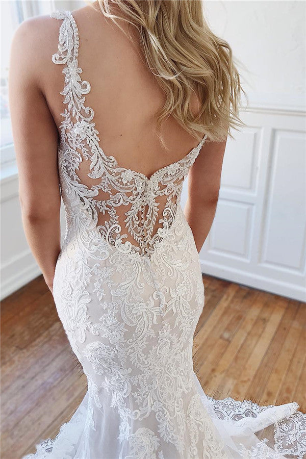 Bmbride Straps Lace Appliques Crystal Mermaid Wedding Dresses