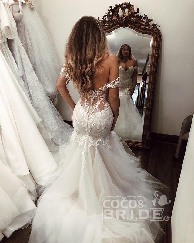 Bmbride Mermaid Lace Off the Shoulder Long Tulle Wedding Dress