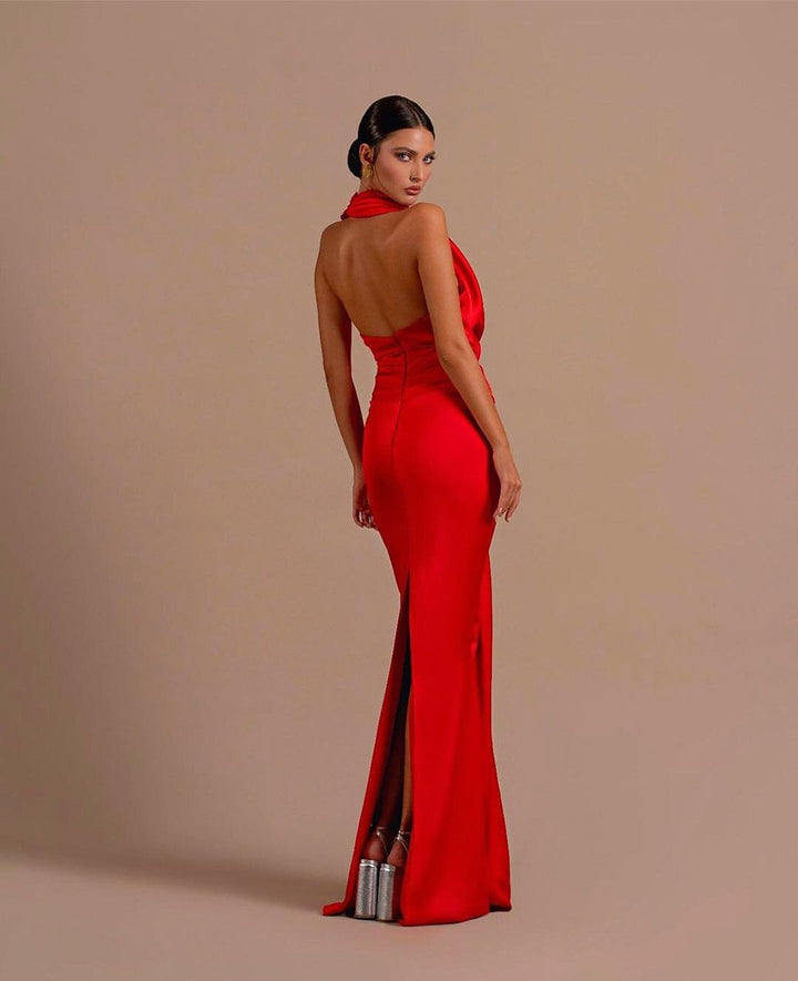 Long Red Sleeveless Halter Open Back Mermaid Prom Dress