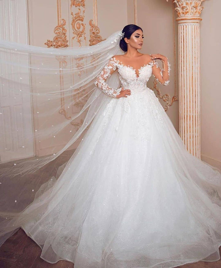 Bmbride Princess Tulle Long Sleeves Lace Wedding Dress