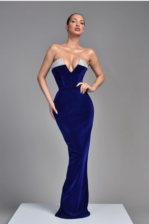 Royal Blue Velvet Evening Dress Sleeveless V-Neck