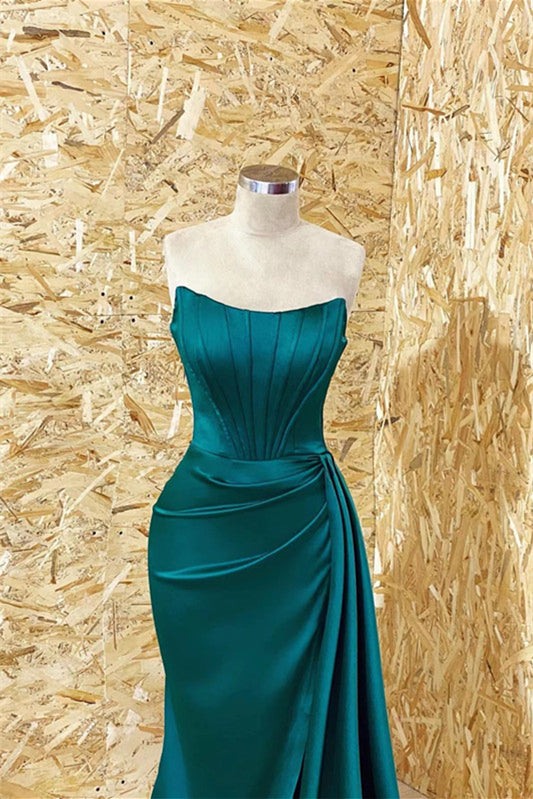 Strapless Long Mermaid Prom Dress - Dark Green with Pleats and Ruffles