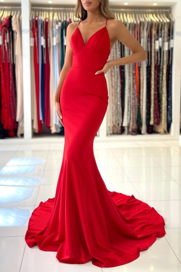 Long Red Evening Dress with Spaghetti Straps and Mermaid silhouette