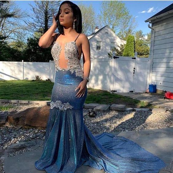 Sequin Blue Mermaid Long Prom Dress with Spaghetti Straps