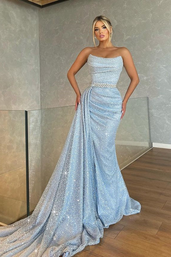 Strapless Baby Blue Mermaid Prom Dress With Beadings and Sequins