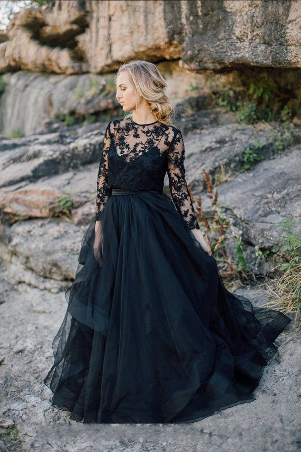 Bmbride Vintage Black A-Line Bateau Long Sleeve Appliques Lace Tulle Cascading Ruffles Wedding Dress