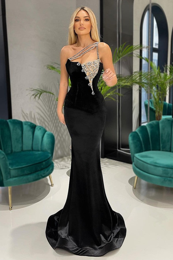 One-Shoulder Black Mermaid Long Prom Dress Featuring Rhinestones