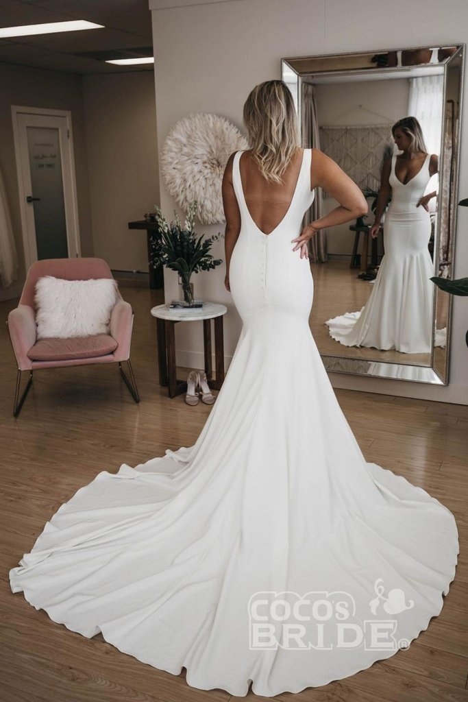 Bmbride V Neck Mermaid Long Train Backless Beach Wedding Dress