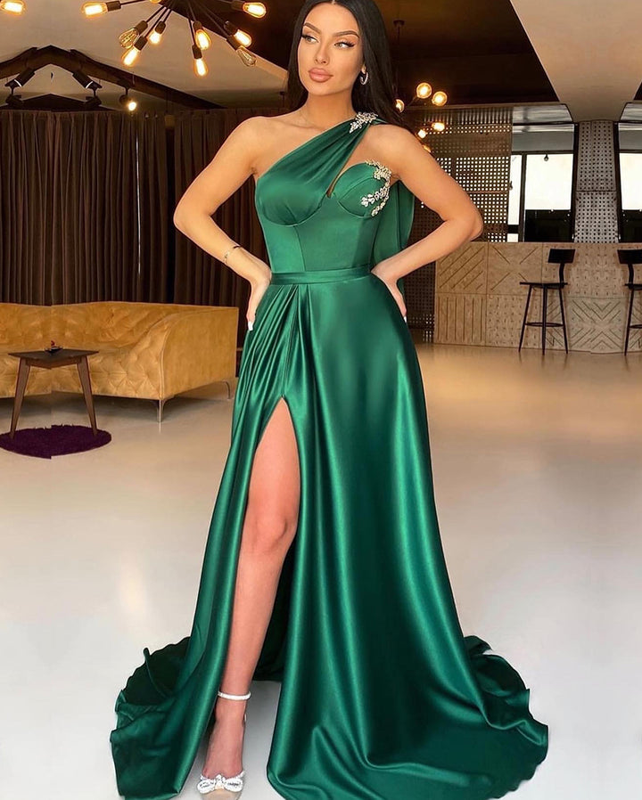 Dark Green One Shoulder Split Evening Dress Mermaid With Beadings