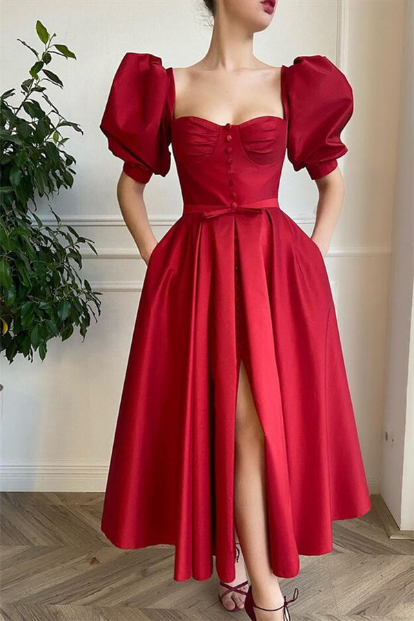 Red Front Split Short Prom Dress with Short Sleeves