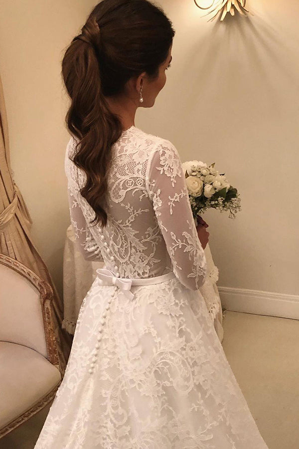 Bmbride Scoop Lace Long Sleeve A-line Wedding Dress