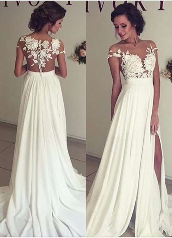 Bmbride A-Line Chiffon Wedding Dress With Lace Ruffles And Side Slit