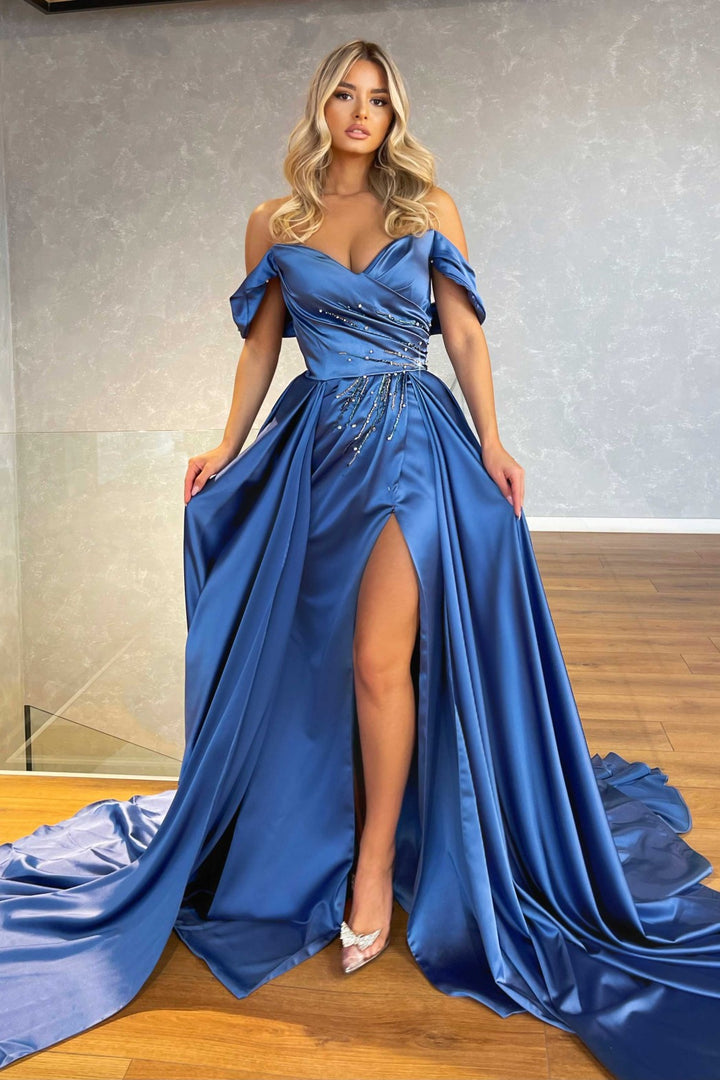 Blue Split Prom Dress With Beadings