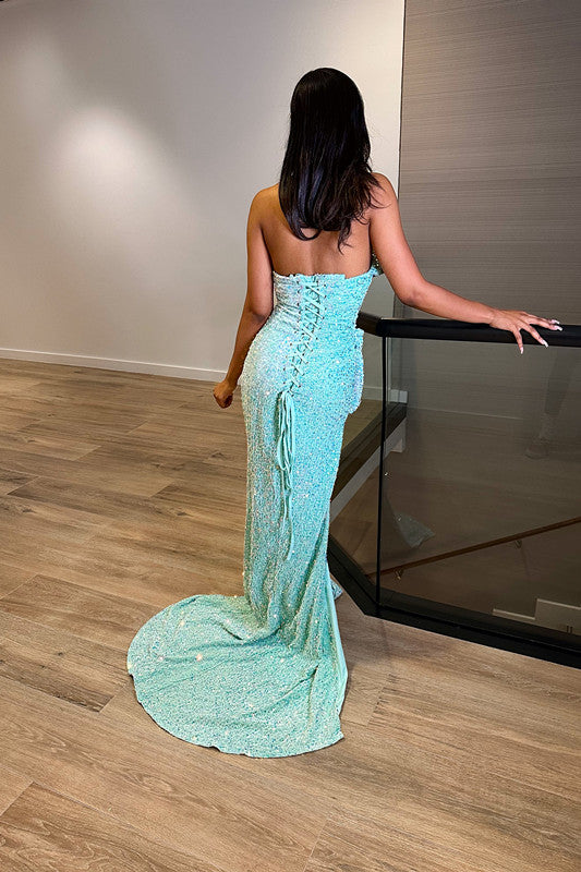 Baby Blue Sequins Evening Dress with Slit Sleeveless Taping V Neck