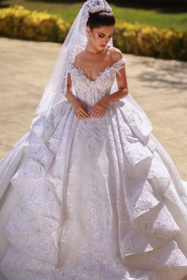 Bmbride Long Ball Gown Off-the-shoulder Lace Wedding Dress