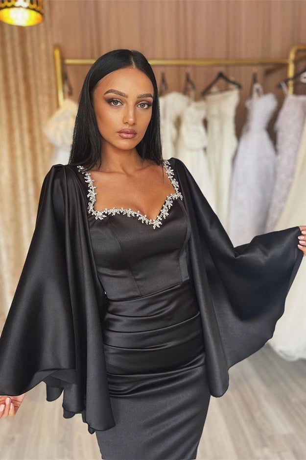 Black Evening Dress Prom Dress Long Sleeves with Applique Pleated