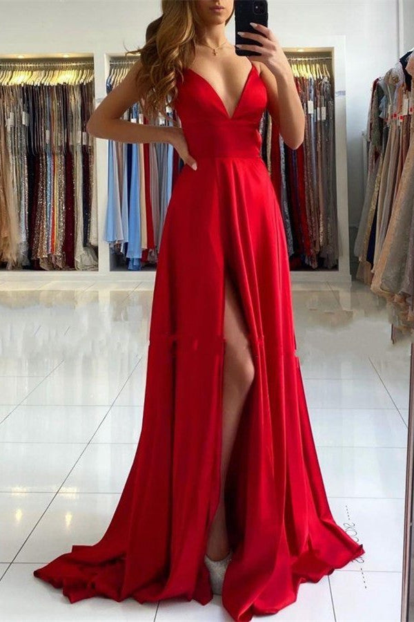 V-Neck Red Prom Dress With Split