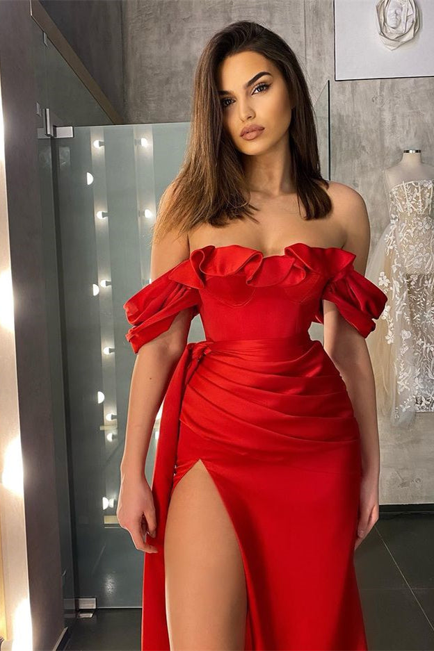 Off-the-Shoulder Red Prom Dress with Slit and Ruffles