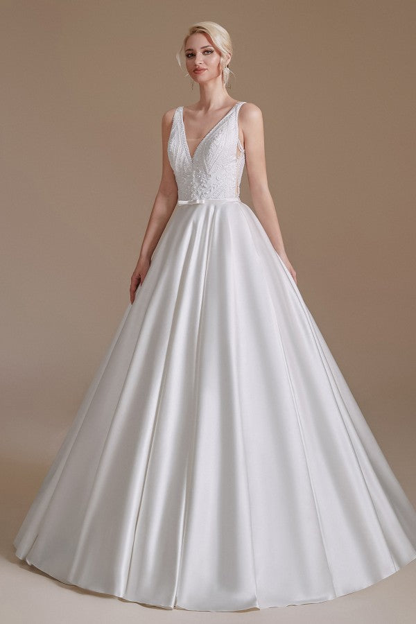 Bmbride A-line V-neck Satin Wedding Dress with Appliques Lace