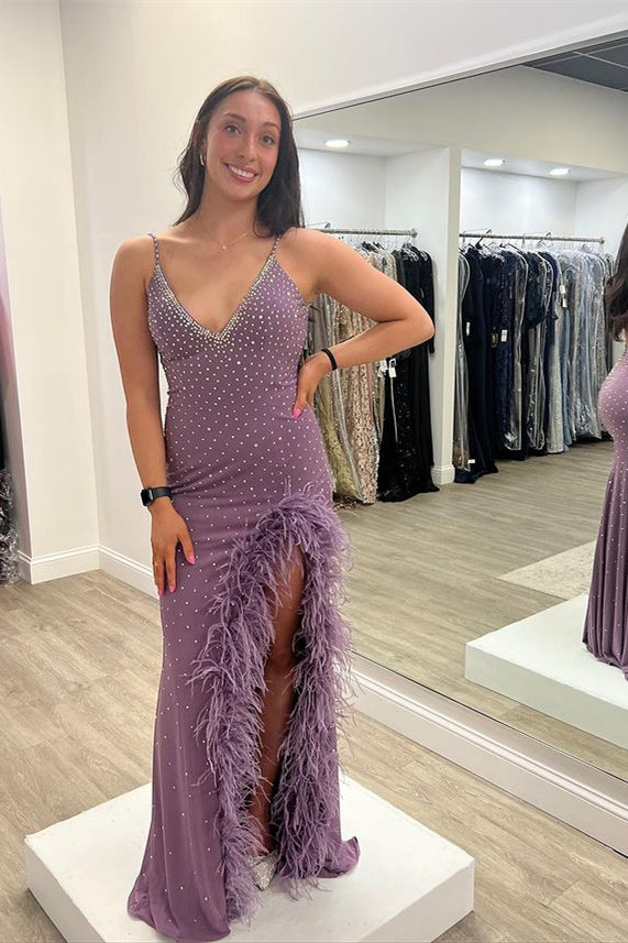 Purple Spaghetti-Straps Long Beads Prom Dress With Feather