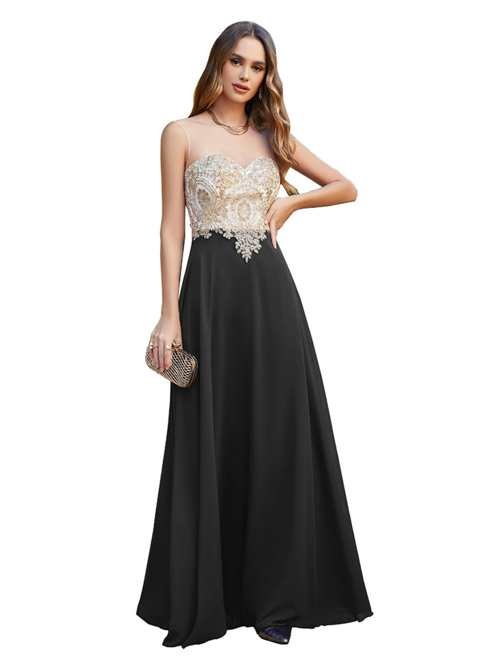 A-line Scoop Chiffon Appliques Floor-Length Dresses Koscy