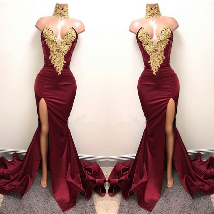 V-Neck Burgundy Mermaid Prom Dress with Split and Lace Appliques