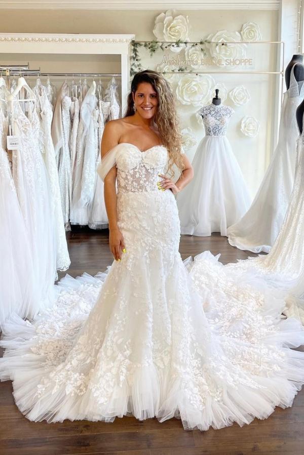 Bmbride Elegant Mermaid Off-Shoulder Sweetheart Tulle Lace Bridal Gown