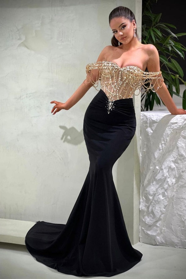 Sequin Mermaid Prom Dress - Black Off The Shoulder Strapless Beaded Gown