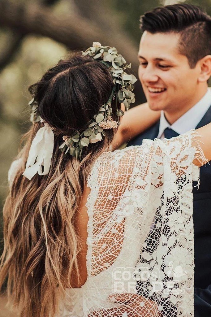 Bmbride Boho Ivory Wedding Dress with Batwing Sleeves and Rustic Lace Back