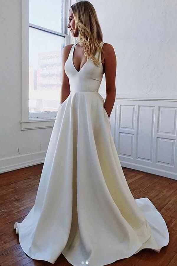 Bmbride Charming V-neck Bow Back A-Line Wedding Dress