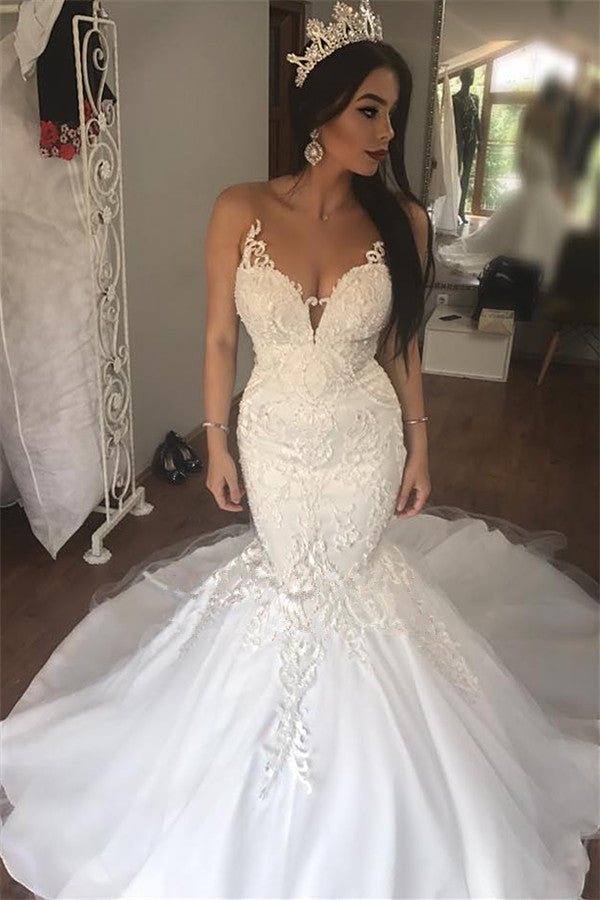 Bmbride Lace Mermaid Sleeveless Buttons Wedding Dress