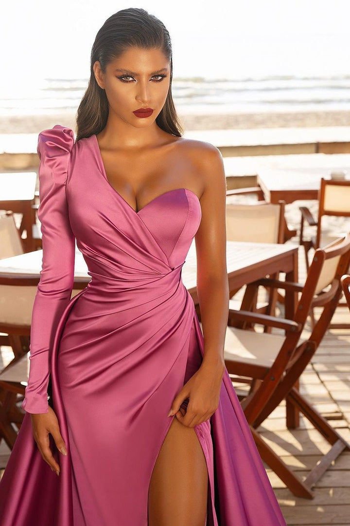 One Shoulder Long Sleeves Prom Dress With Split