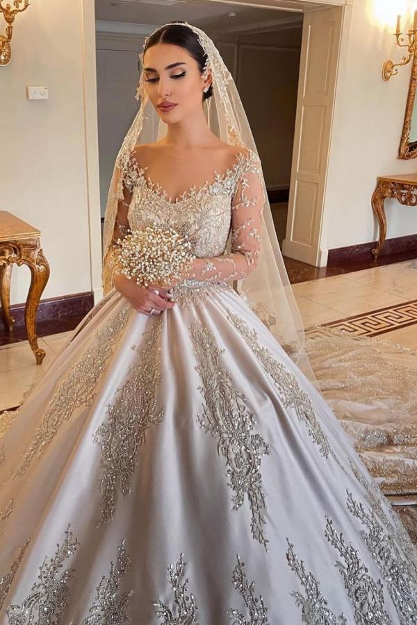 Bmbride Sweetheart Long Sleeve Beading Pearl Satin Wedding Dress