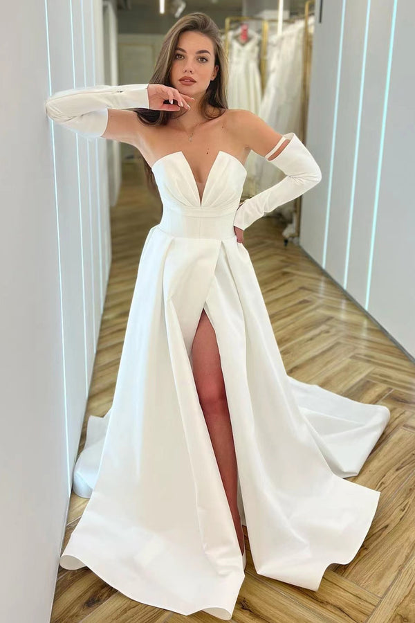 V-Neck A-Line Prom Dress With Split - White Long Sleeves