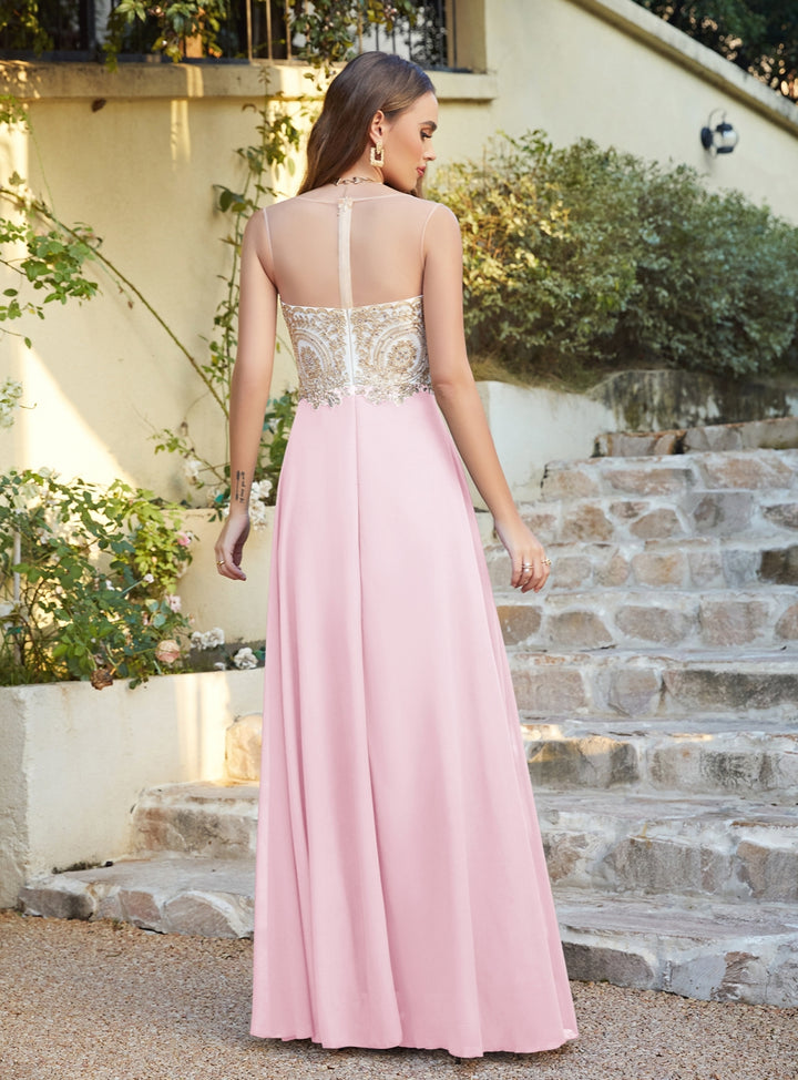 A-line Scoop Chiffon Appliques Floor-Length Dresses Koscy 