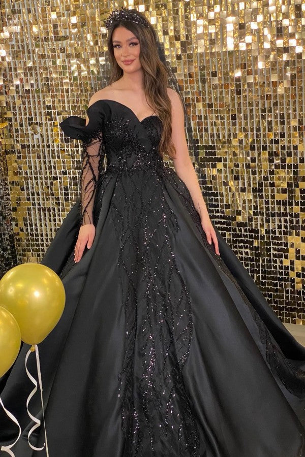 Bmbride Long Black Ball Gowns Sweetheart Satin Lace Prom Dress with Sleeves