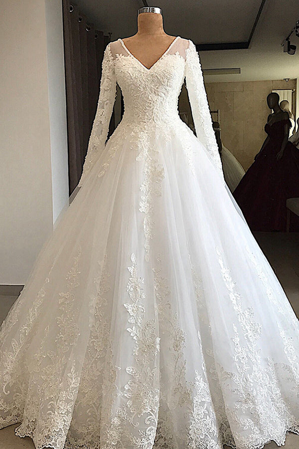 Bmbride Stunning Long Sleeve Appliques Tulle Bridal Gown