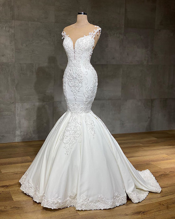 Bmbride Exquisite Transparent Lace V-neck Sleeveless Mermaid Wedding Dresses