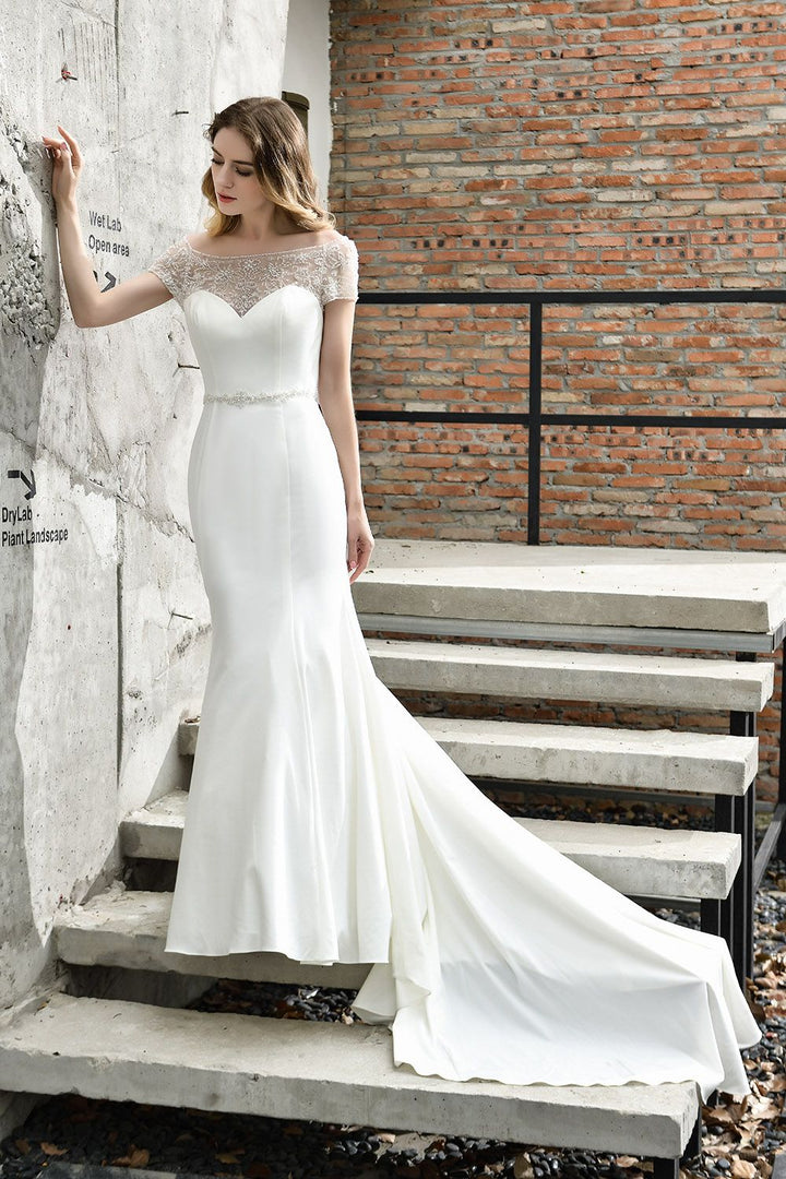 Bmbride Short-Sleeve Mermaid Satin Lace Bridal Gown