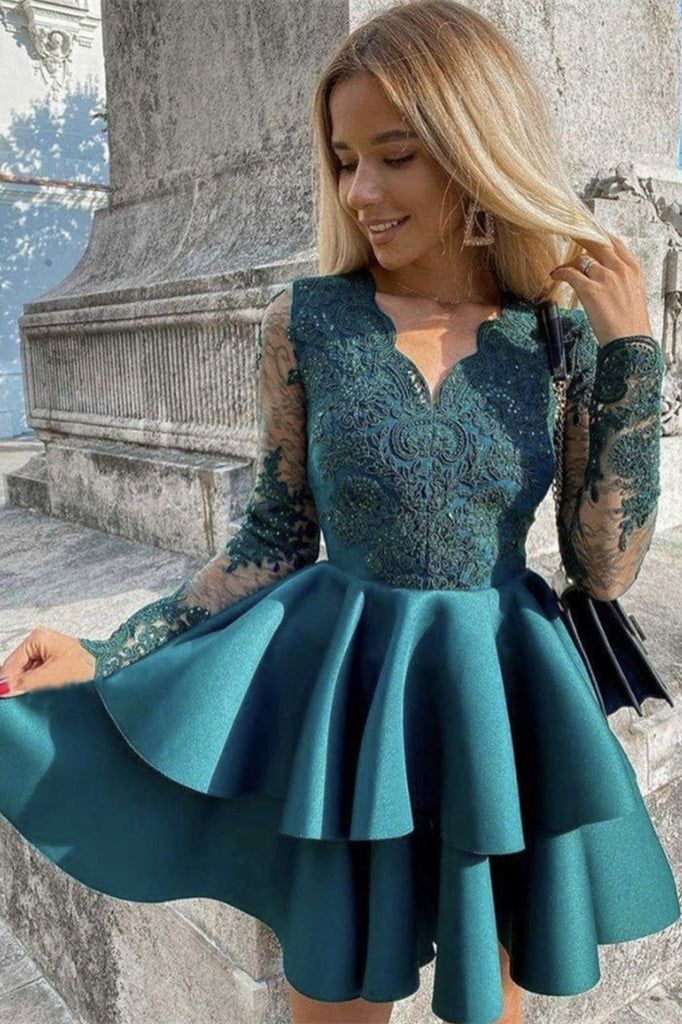 Appliqued Long Sleeve Short Prom Dress