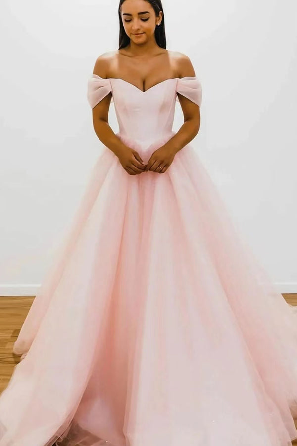 Pink Off-The-Shoulder V-Neck Strapless Evening Dress With Tulle