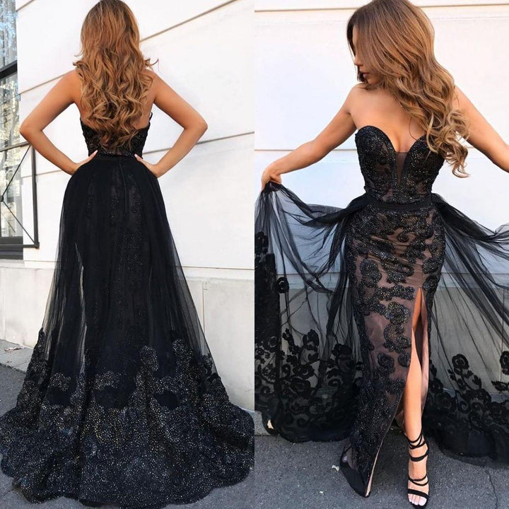 Elegant Long Lace Evening Dress with Split and Ruffles