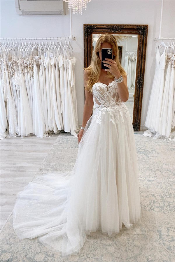 Bmbride Elegant Strapless Tulle Wedding Dress with Chapel Train